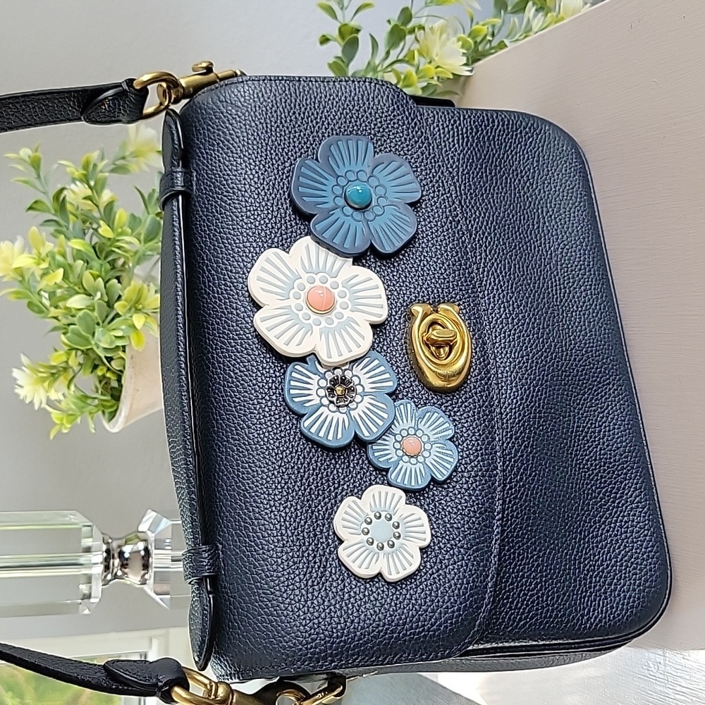 Navy Floral Appliqué Leather Shoulder Bag - Picture 2 of 15
